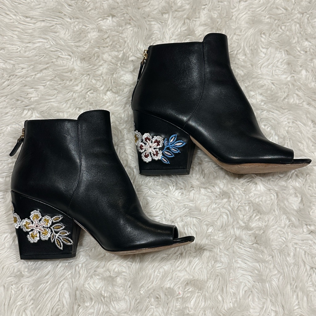 Tory Burch Leather Peep Toe Black Booties Embroidered Wedge Heels 8
